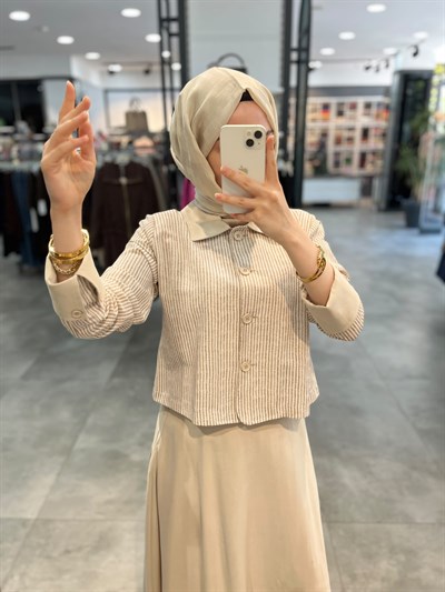 Alesya Katlamalı Manşet Detaylı Çizgili Ceket Etek Takım - Bej