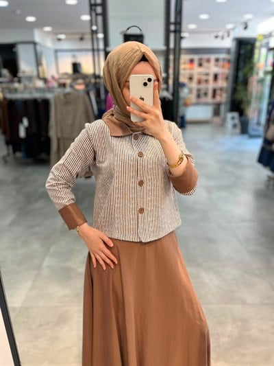 Alesya Katlamalı Manşet Detaylı Çizgili Ceket Etek Takım - Kahve