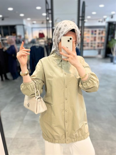 Alesya Kolu Ve Altı Lastikli Baskı Taşlı Kısa Kap - Çağla