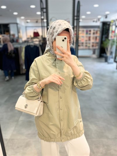 Alesya Kolu Ve Altı Lastikli Baskı Taşlı Kısa Kap - Çağla
