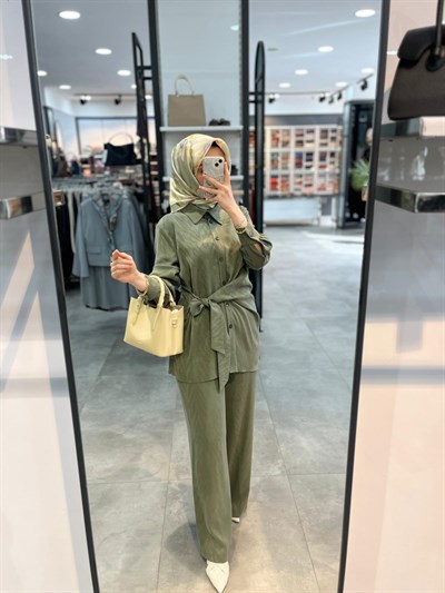 Alesya Kruvaze Bağlamalı Tunik Pantolon Takım - Haki