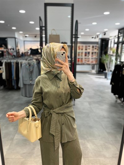 Alesya Kruvaze Bağlamalı Tunik Pantolon Takım - Haki