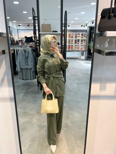 Alesya Kruvaze Bağlamalı Tunik Pantolon Takım - Haki