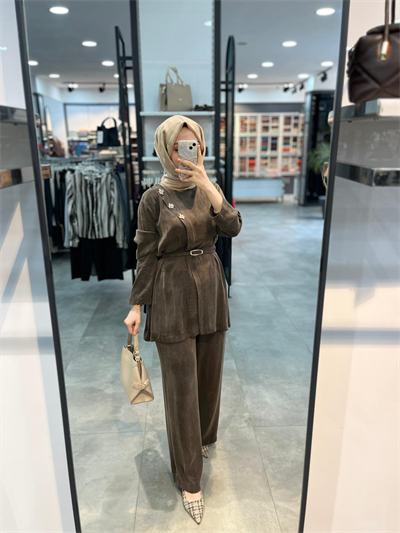 Alesya Kruvaze Yanı Taş Detaylı Pantolonlu Cupra Takım - Kahve
