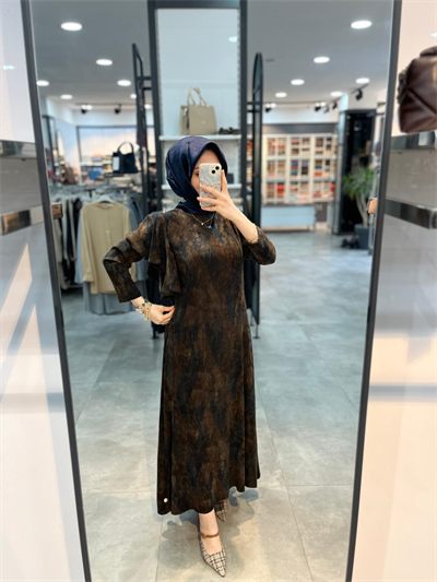 Alesya Omuzu Fırfırlı Kuşak Kemerli Desenli Cupra Elbise - Kahve