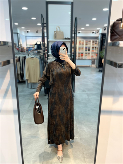 Alesya Omuzu Fırfırlı Kuşak Kemerli Desenli Cupra Elbise - Kahve