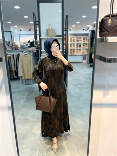 Alesya Omuzu Fırfırlı Kuşak Kemerli Desenli Cupra Elbise - Kahve