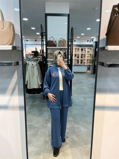 Alesya Önü Fermuarlı Broş Detaylı Örme Takım - İndigo