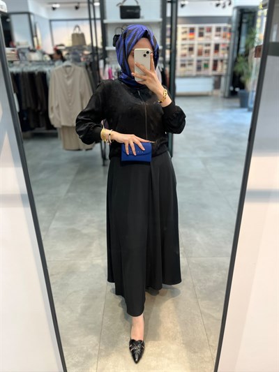 Alesya Önü Fermuarlı Jakar Bluz Etekli Takım - Siyah