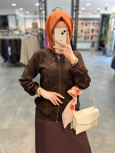 Alesya Önü Fermuarlı Jakar Bluz Etekli Takım - Kahve