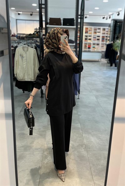 Alesya Önü Ribana Detaylı Pantolonlu Takım - Siyah