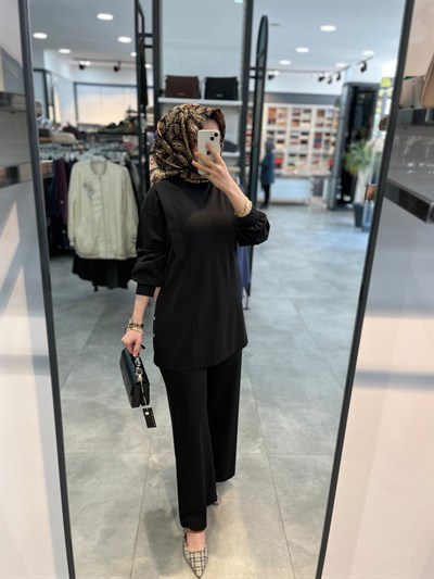 Alesya Önü Ribana Detaylı Pantolonlu Takım - Siyah