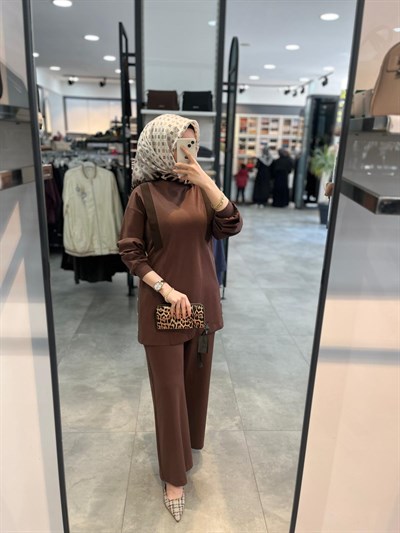 Alesya Önü Ribana Detaylı Pantolonlu Takım - Kahve
