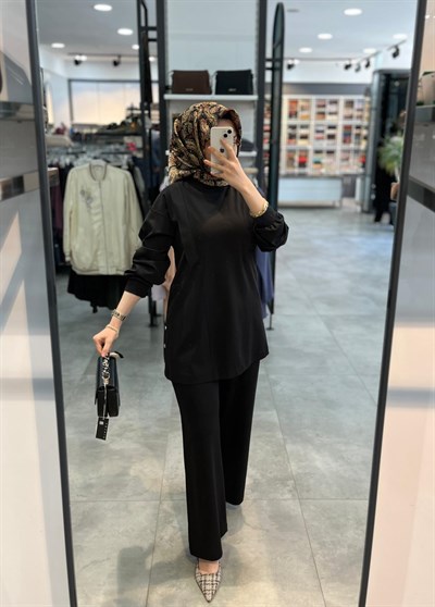 Alesya Önü Ribana Detaylı Pantolonlu Takım - Siyah