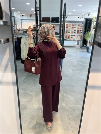 Alesya Önü Ribana Detaylı Pantolonlu Takım - Bordo