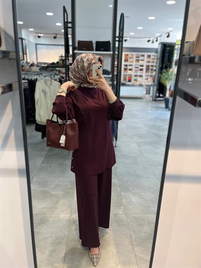 Alesya Önü Ribana Detaylı Pantolonlu Takım - Bordo