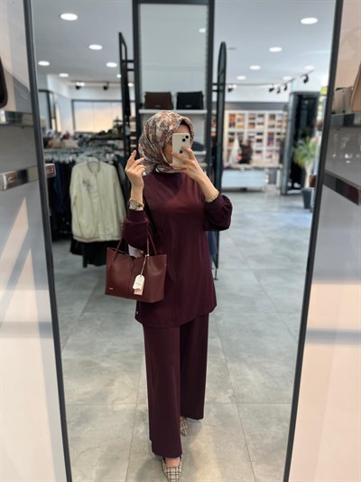 Alesya Önü Ribana Detaylı Pantolonlu Takım - Bordo