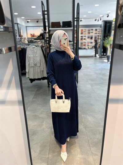 Alesya Reglan Kol Simli Çizgili Elbise - Lacivert
