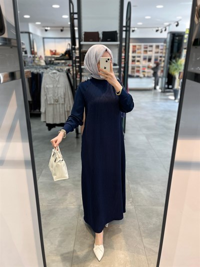 Alesya Reglan Kol Simli Çizgili Elbise - Lacivert