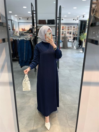 Alesya Reglan Kol Simli Çizgili Elbise - Lacivert