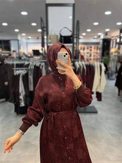 Alesya Ribanalı Desenli Jakar Elbise - Bordo