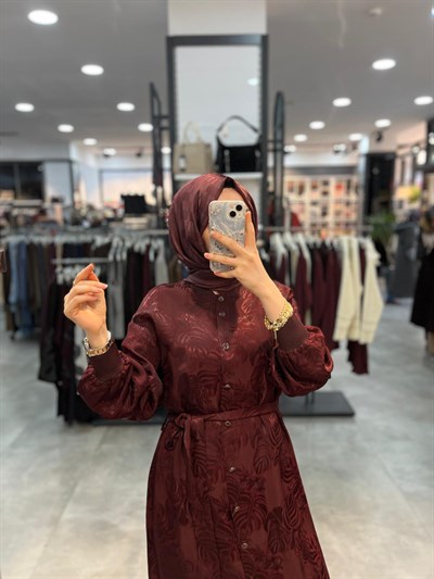 Alesya Ribanalı Desenli Jakar Elbise - Bordo
