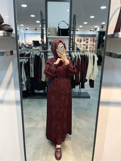 Alesya Ribanalı Desenli Jakar Elbise - Bordo