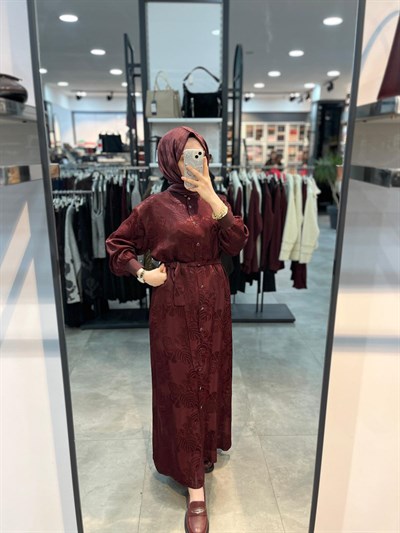 Alesya Ribanalı Desenli Jakar Elbise - Bordo