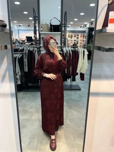 Alesya Ribanalı Desenli Jakar Elbise - Bordo