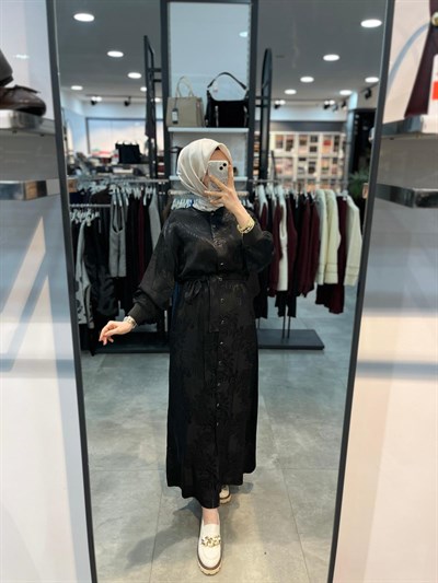 Alesya Ribanalı Desenli Jakar Elbise - Siyah