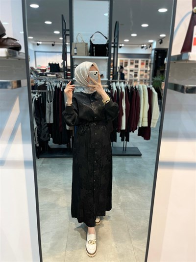 Alesya Ribanalı Desenli Jakar Elbise - Siyah