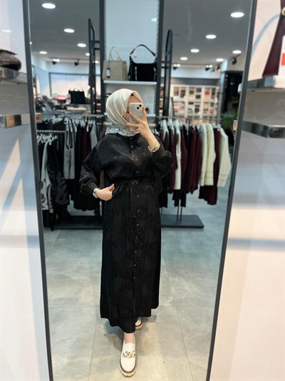 Alesya Ribanalı Desenli Jakar Elbise - Siyah
