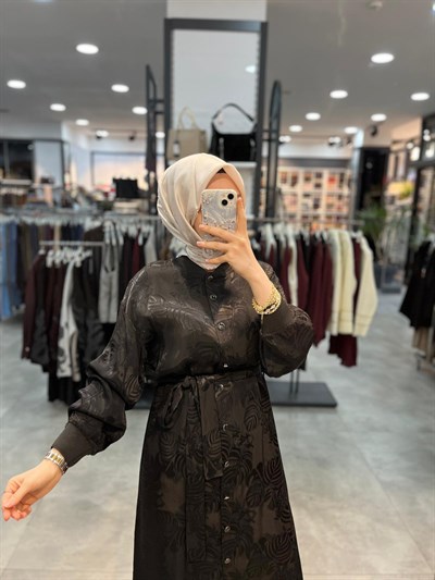 Alesya Ribanalı Desenli Jakar Elbise - Siyah