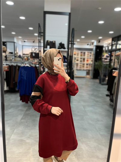 Alesya Ribanalı Kolu İki Renkli Tunik - Bordo