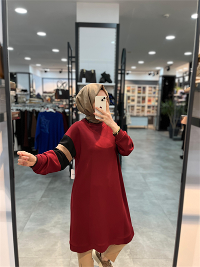 Alesya Ribanalı Kolu İki Renkli Tunik - Bordo