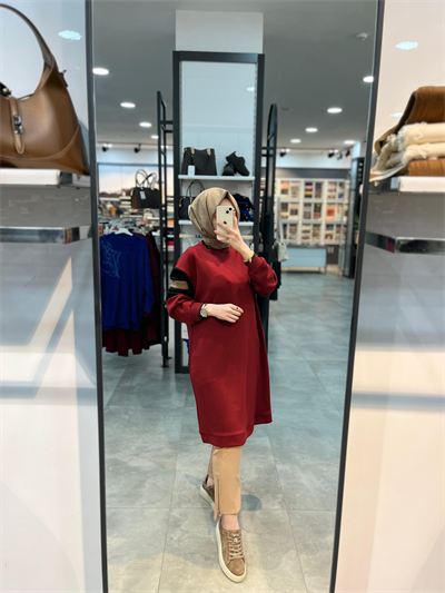 Alesya Ribanalı Kolu İki Renkli Tunik - Bordo