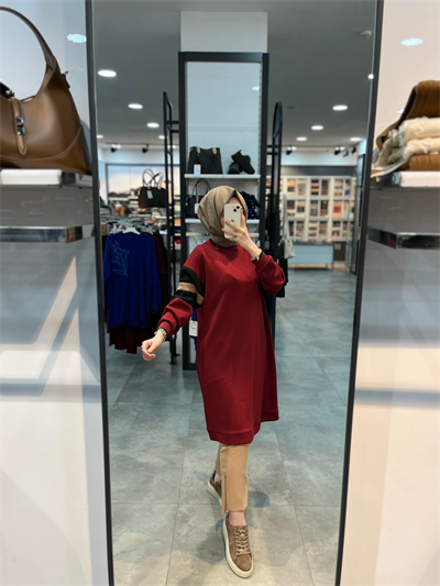 Alesya Ribanalı Kolu İki Renkli Tunik - Bordo