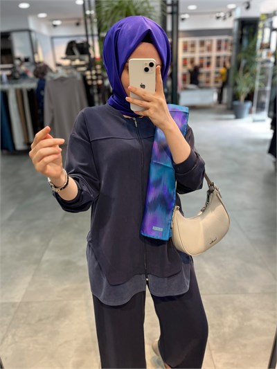 Alesya Sıfır Yaka Fermuarlı Bol Pantolonlu Takım - İndigo