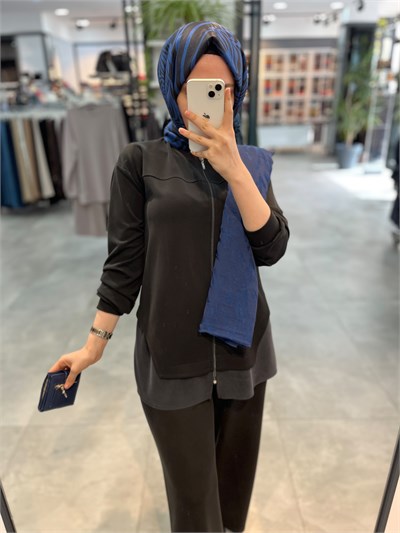 Alesya Sıfır Yaka Fermuarlı Bol Pantolonlu Takım - Siyah