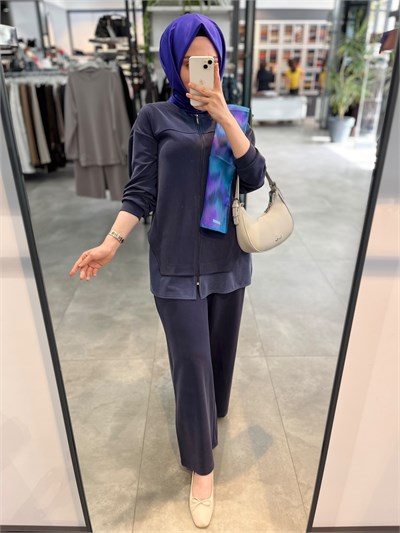 Alesya Sıfır Yaka Fermuarlı Bol Pantolonlu Takım - İndigo