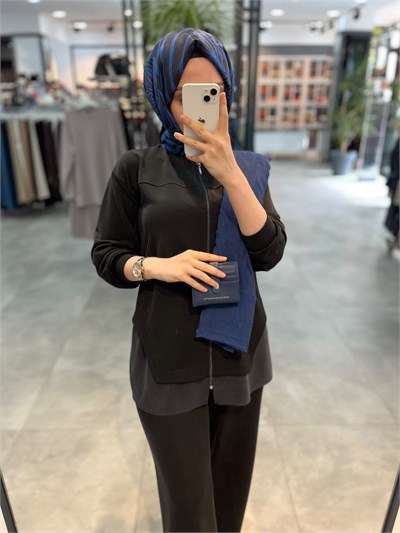 Alesya Sıfır Yaka Fermuarlı Bol Pantolonlu Takım - Siyah