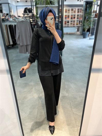 Alesya Sıfır Yaka Fermuarlı Bol Pantolonlu Takım - Siyah