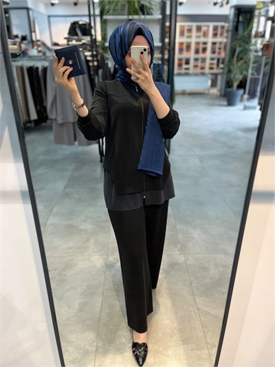 Alesya Sıfır Yaka Fermuarlı Bol Pantolonlu Takım - Siyah