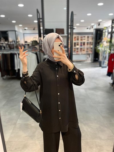 Alesya Simli Çizgili Tunik Pantolon Takım - Siyah