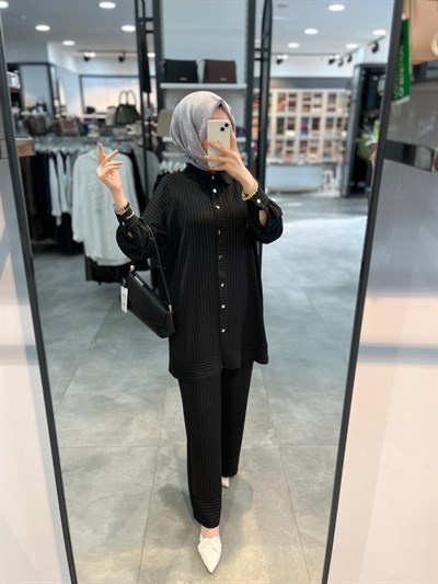 Alesya Simli Çizgili Tunik Pantolon Takım - Siyah