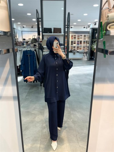 Alesya Simli Çizgili Tunik Pantolon Takım - Lacivert