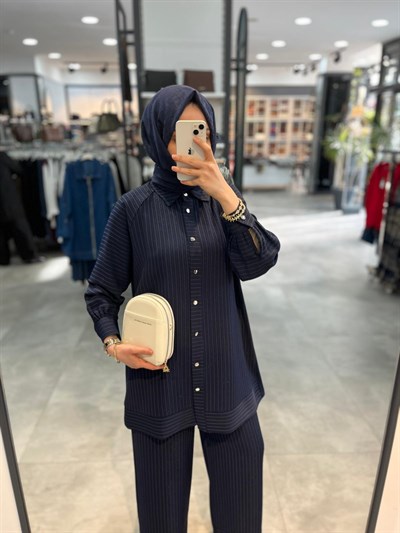 Alesya Simli Çizgili Tunik Pantolon Takım - Lacivert