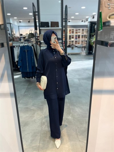 Alesya Simli Çizgili Tunik Pantolon Takım - Lacivert