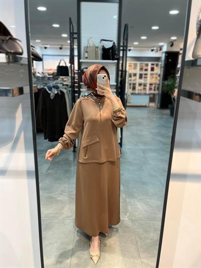 Alesya Süs Cep Etek Bluz Takım - Açık Kahve