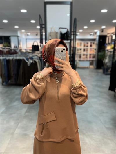 Alesya Süs Cep Etek Bluz Takım - Açık Kahve